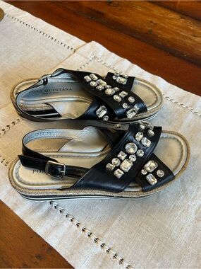 Pons Quintana Black Jeweled Slingback Sandals with Silver Insole